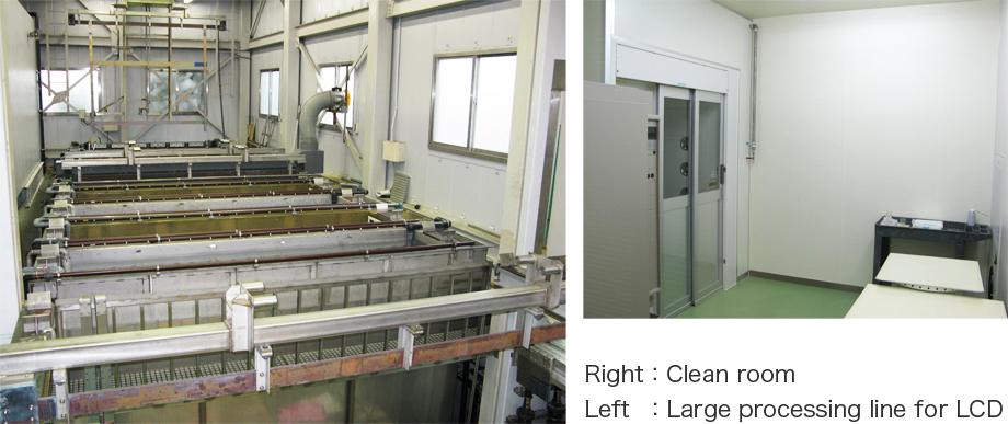 Photo Left: Large processing line for LCD, Right: Clean room