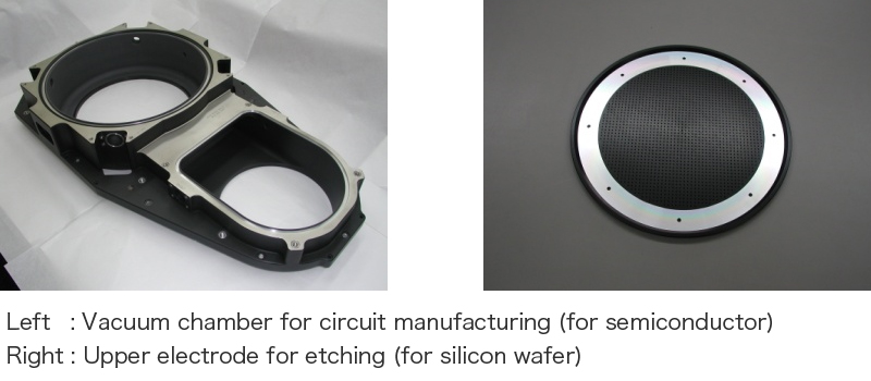Photo left: Vacuum chamber for circuit manufacturing for semiconductor, Right: Upper electrode for etching for silicon wafer 