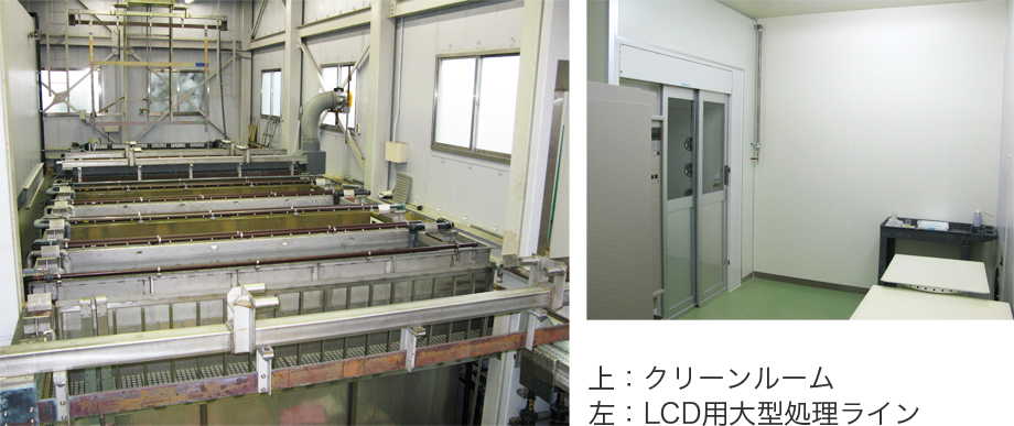 写真上：クリーンルーム、左：LCD用大型処理ライン